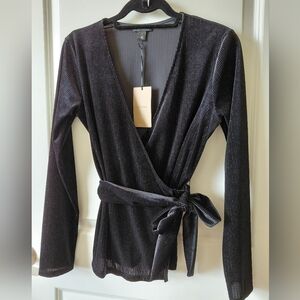 NWT Halogen Black/Silver Stripe Ribbed Wrap Lightweight Velvet Top Ties At Waist